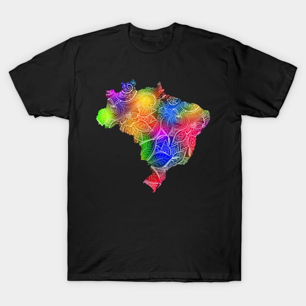 Colorful mandala art map of Brazil with text in multicolor pattern T-Shirt by Happy Citizen